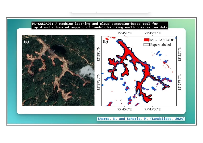 Left side: Landslide extent developed manually by researchers; Right side: Red area is the extent from ML-CASCADE